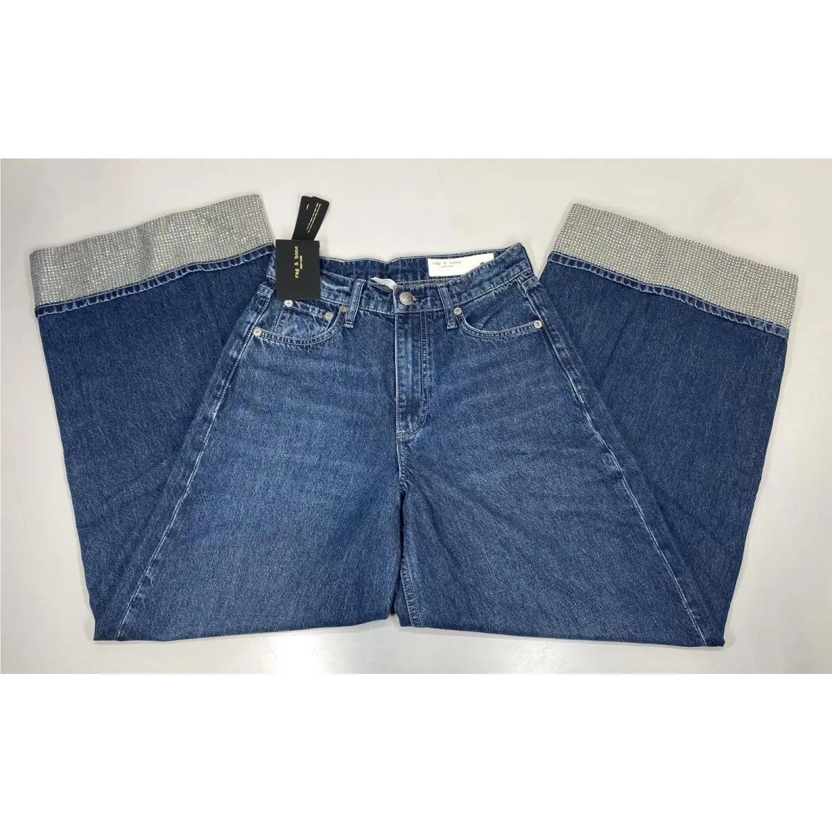 Rag Bone Womens Wide Leg Ankle Jean Blue Size 24 Sofie Jewel Cuff High Rise