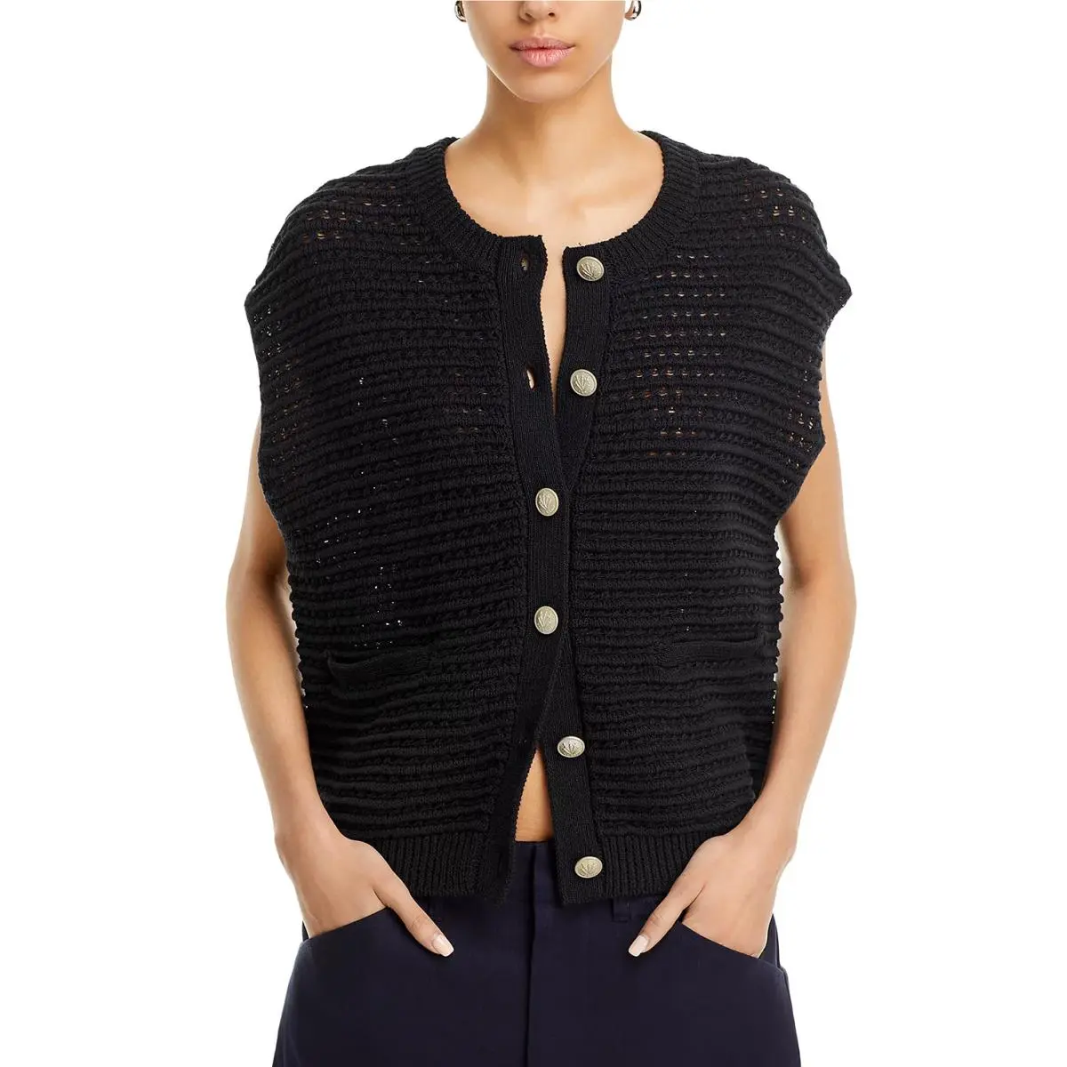 Rag Bone L Large Evelyn Vest Black Knit Sleeveless Cardigan Sweater