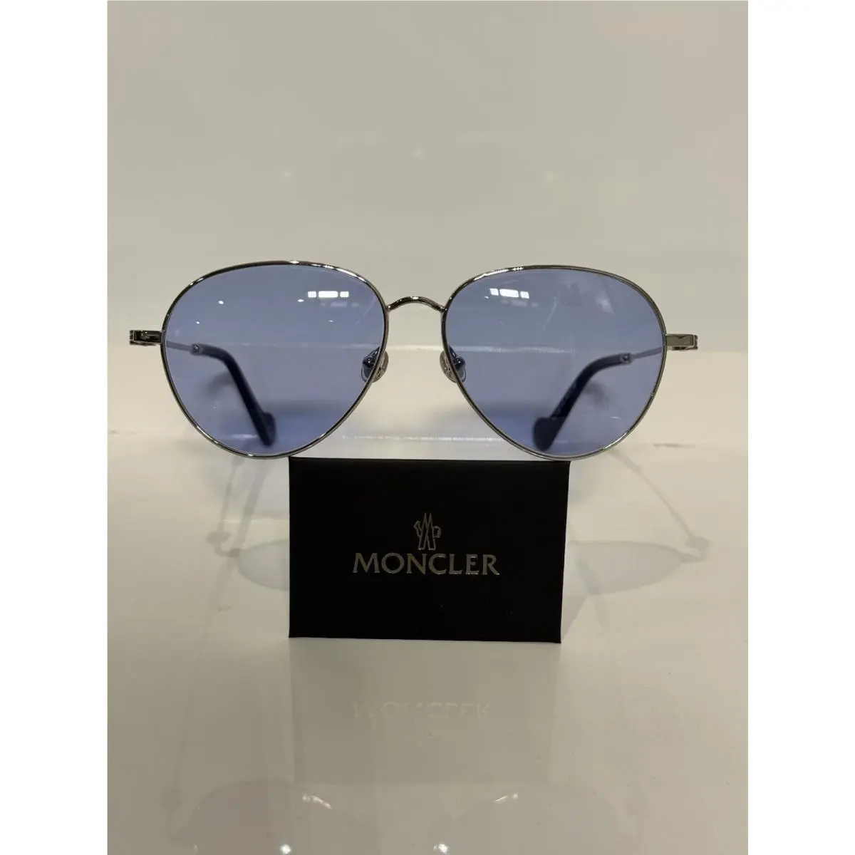 Moncler ML5068 016 Silver Metal Aviator Custom Medium Blue Tint Sunglasses