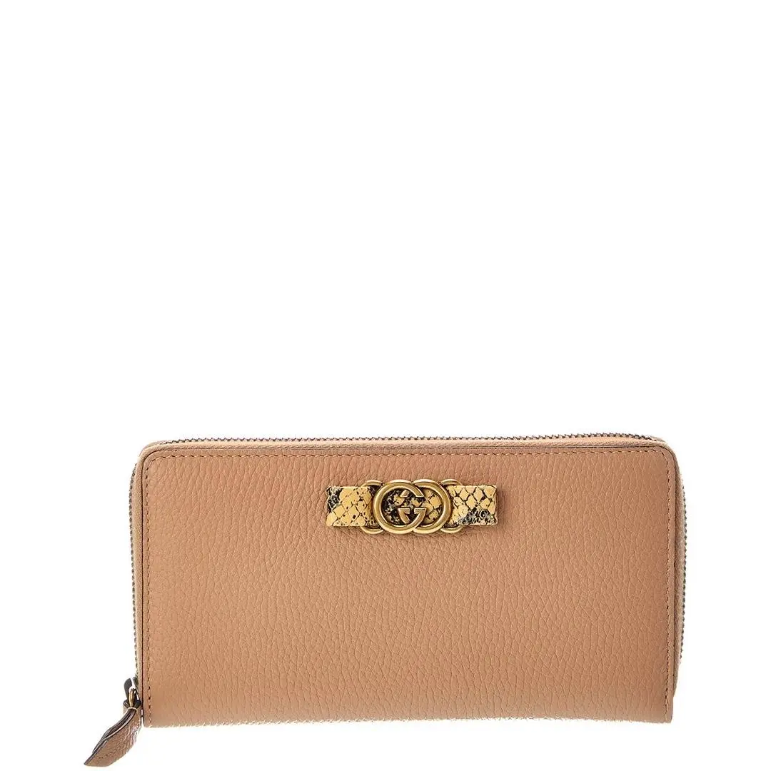 Gucci Camelia Calfskin Snakeskin Leather Grain Zip Around Continental