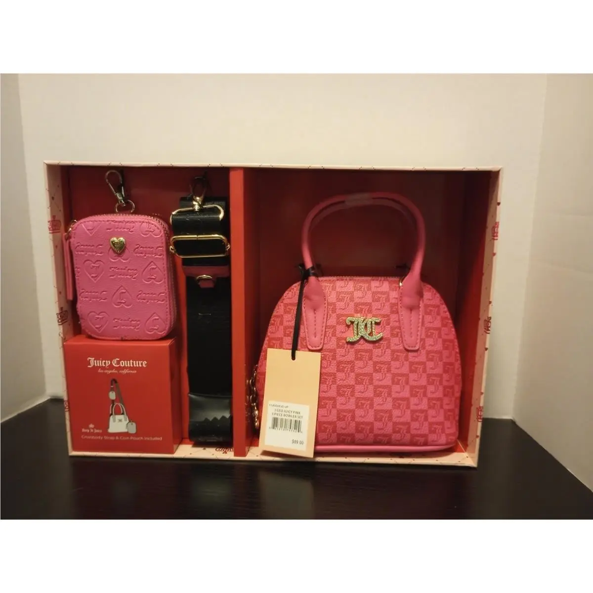 Juicy Couture Pink 3 Piece Bowler Set w/ Crossbody Strap Coin Pouch
