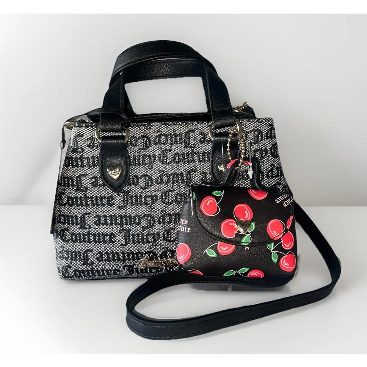 Juicy Couture Freshly Picked Monogram Satchel Bag Gothic Black Gray Cherry