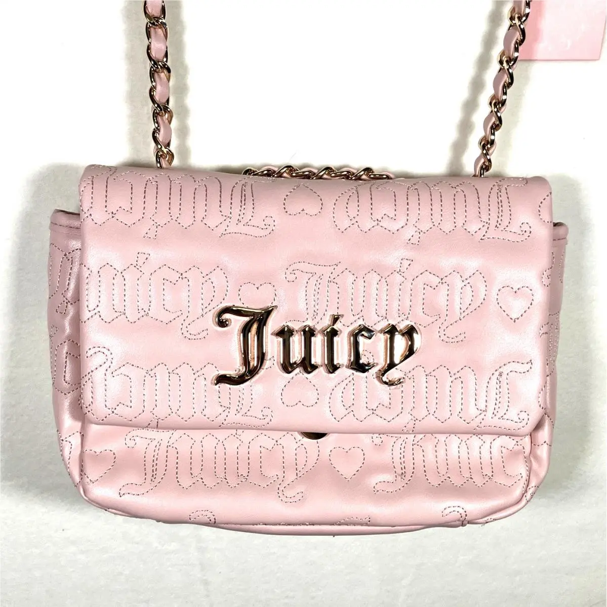 Juicy Couture Pink Logo Chain Shoulder Bag Purse Y2K Hearts Euc