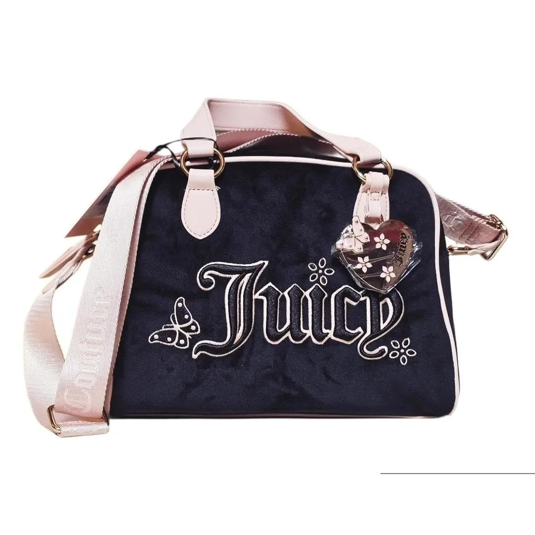 Juicy Couture Juicy in The Sky Satchel Black/pink Butterfly Heart Zip Charm
