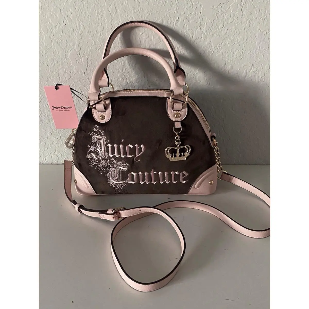 Juicy Couture Renaissance Satchel Embroidered Bag W/ Crown Charm Chocolate Pink