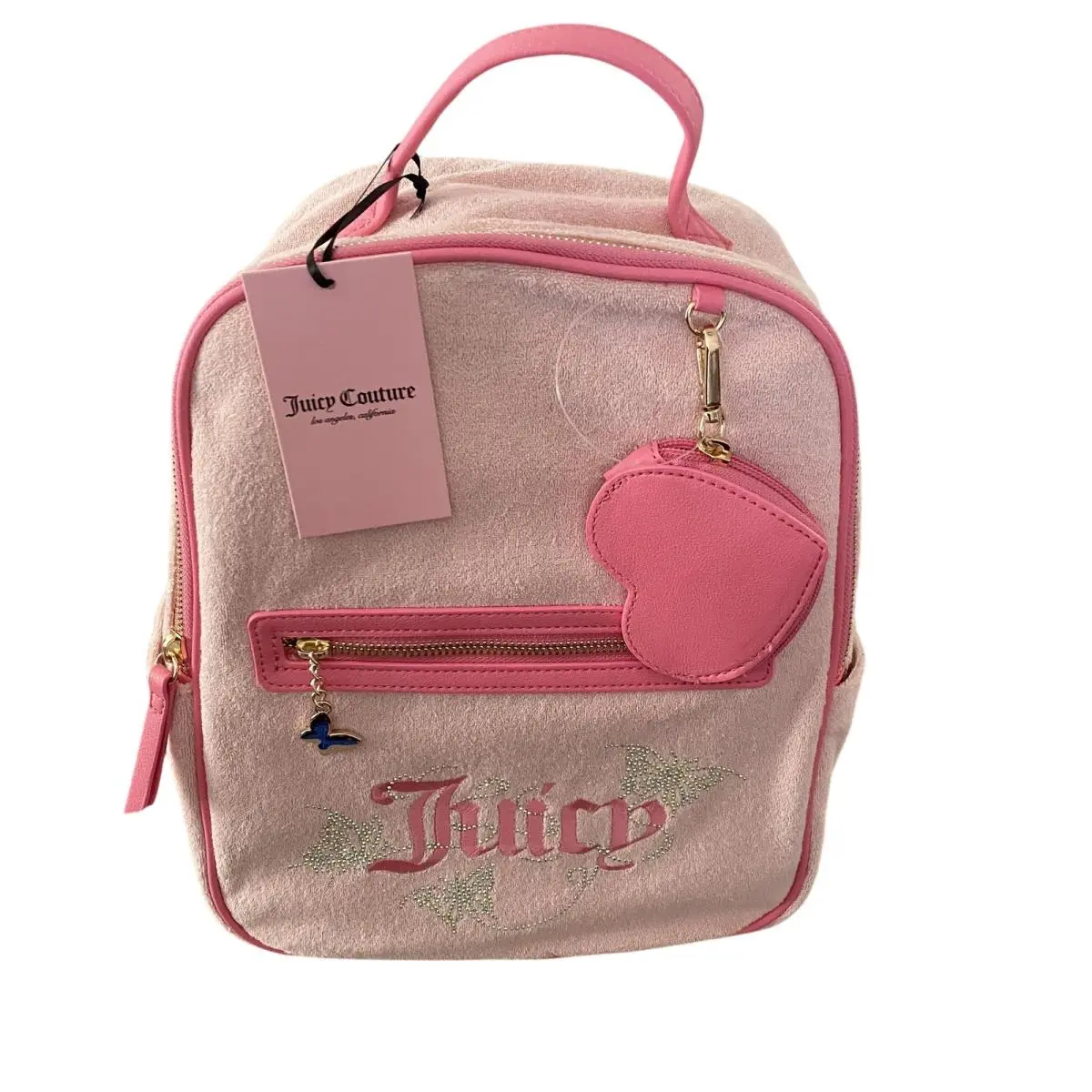 Juicy Couture Backpack Womens Pink Velour Rhinestone Butterfly Heart Charm