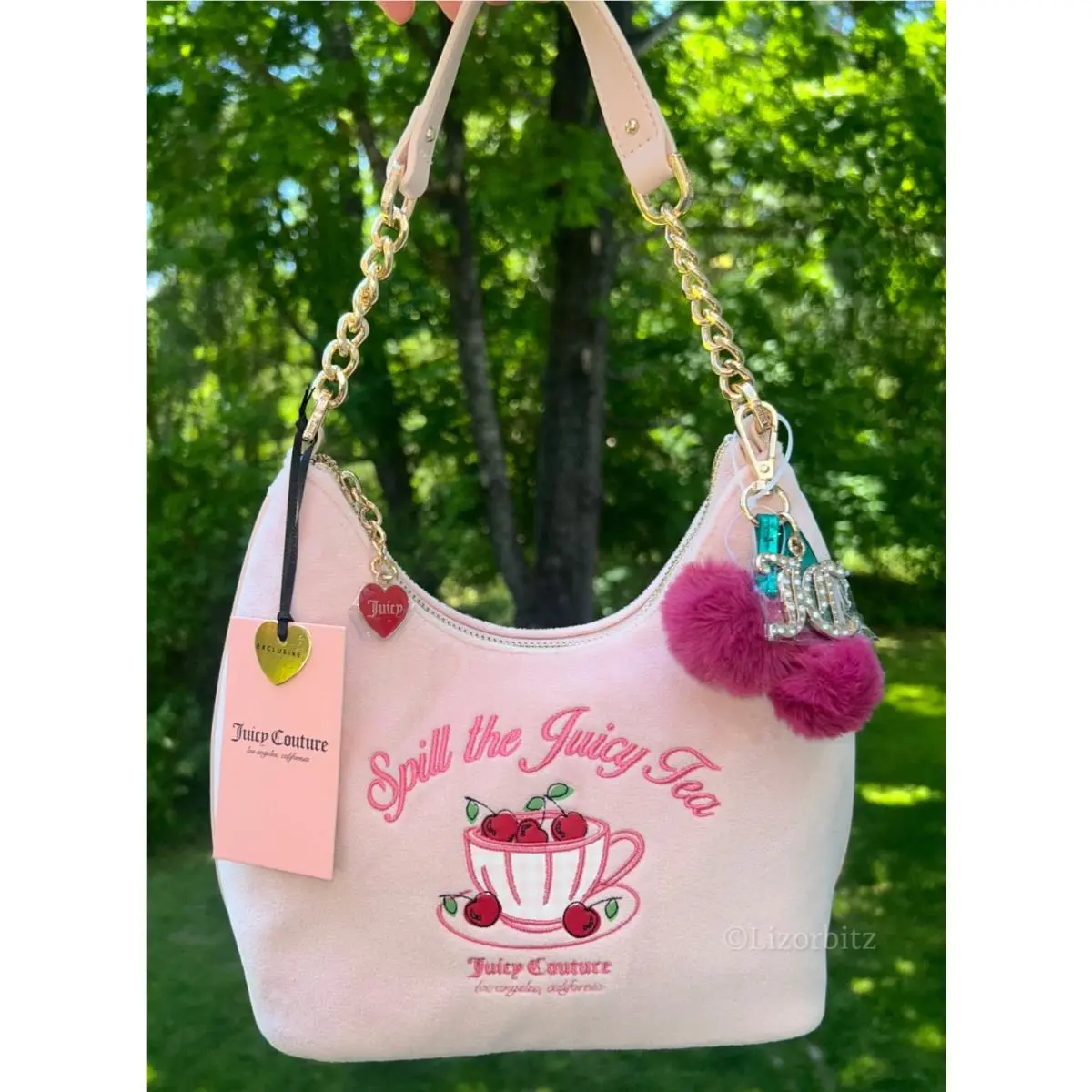 Juicy Couture Sweet Tea Party Velour Hobo Shoulder Bag in Pink Clay
