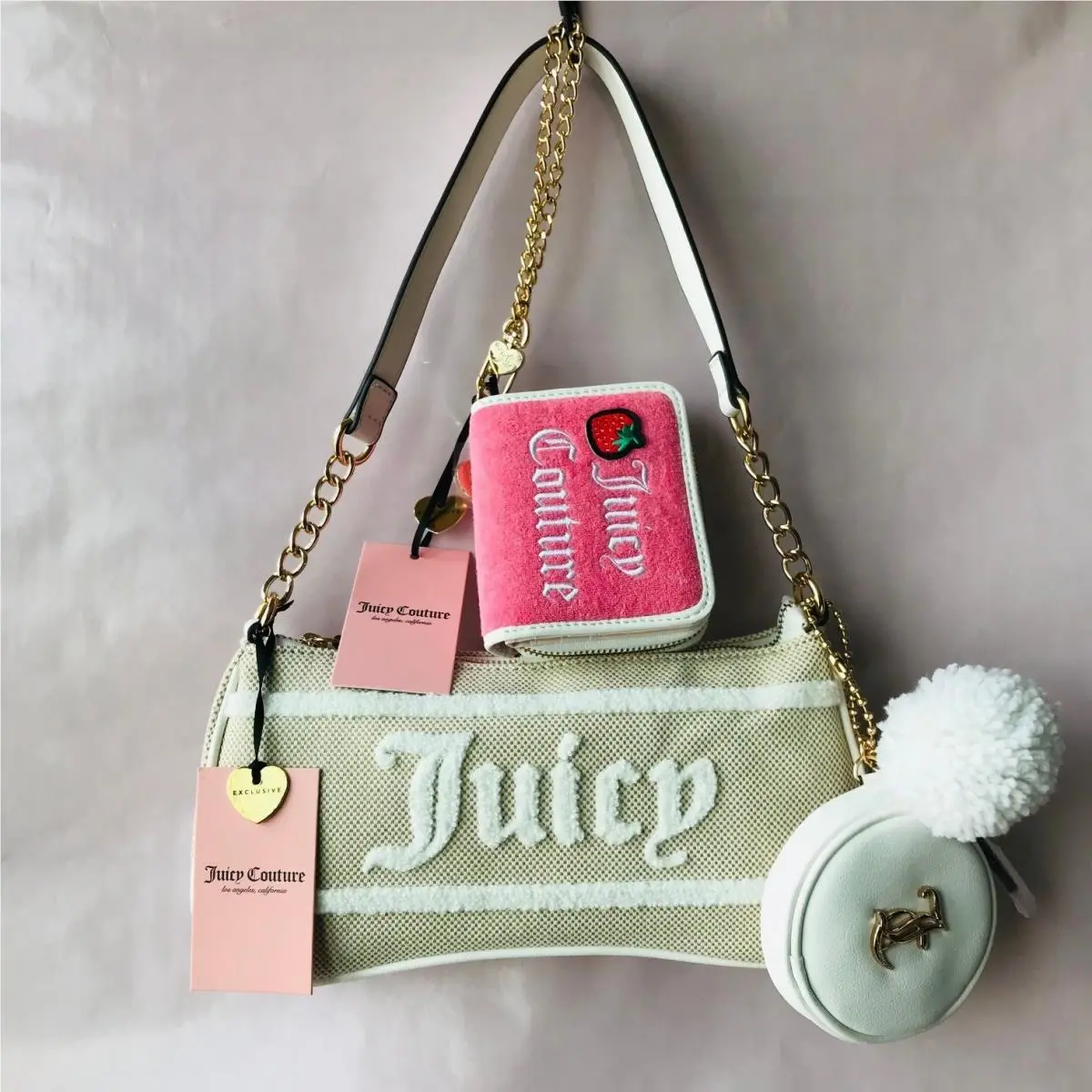 Juicy Couture Beige Resort Shoulder Bag w Coin Pouch + Sweet Juicy Coin Purse