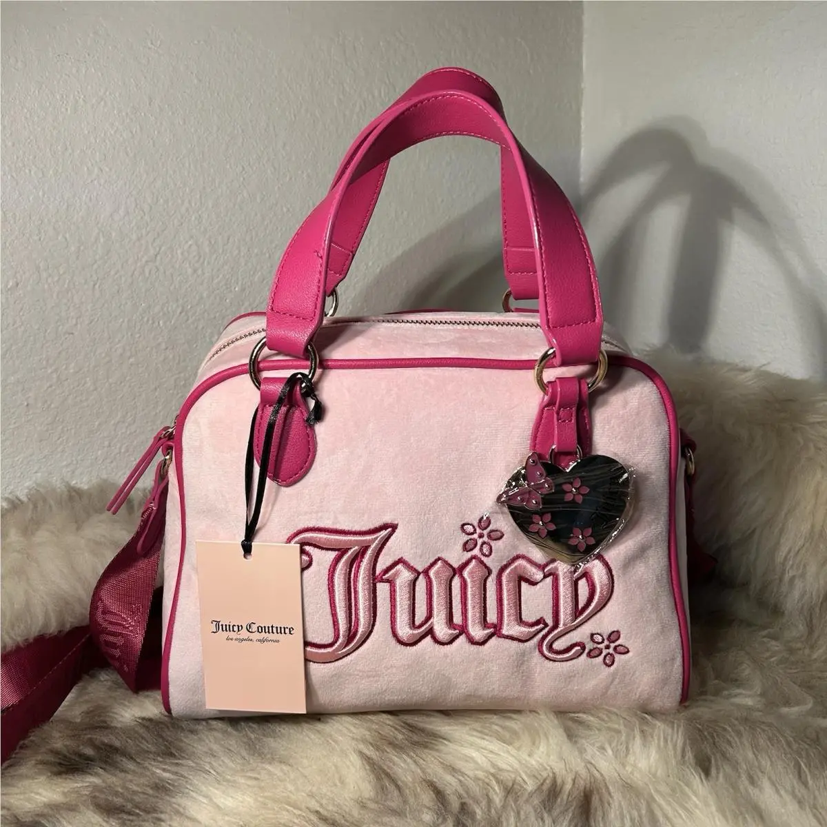 Juicy Couture In The Sky Bowler Bag Satchel Crossbody - Flamingo Pink Velour