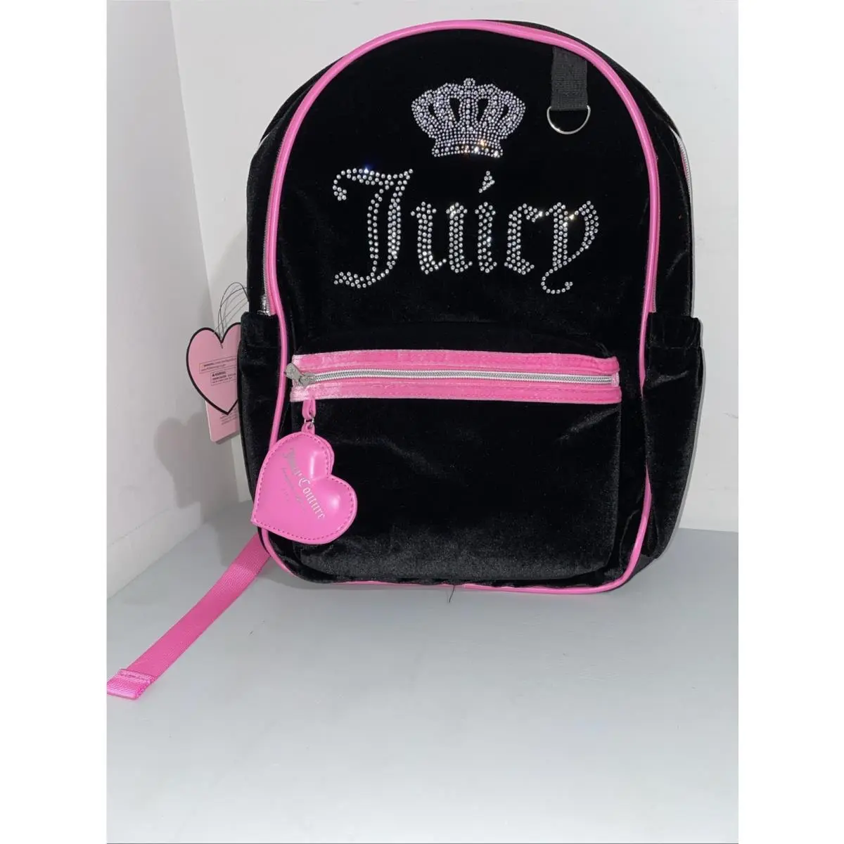 Juicy Couture Black Velour Full Size Fashion Backpack with Puffed Heart Charm