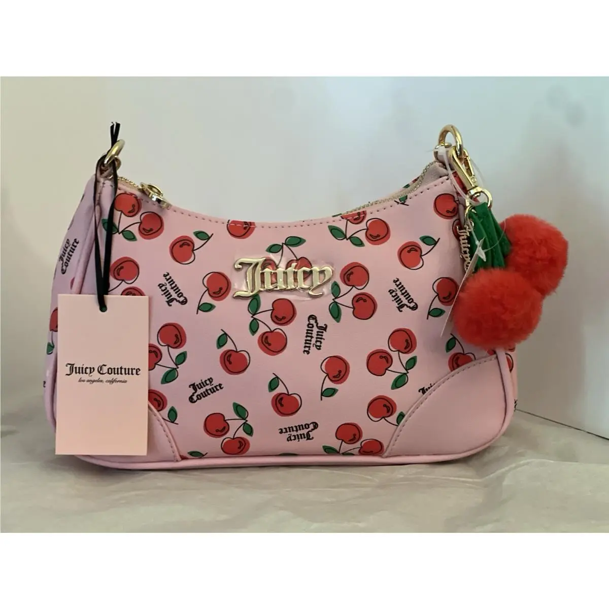 Juicy Couture Cherry Girl Shoulder Bag Pink Cherry Purse Pom Pom Charm