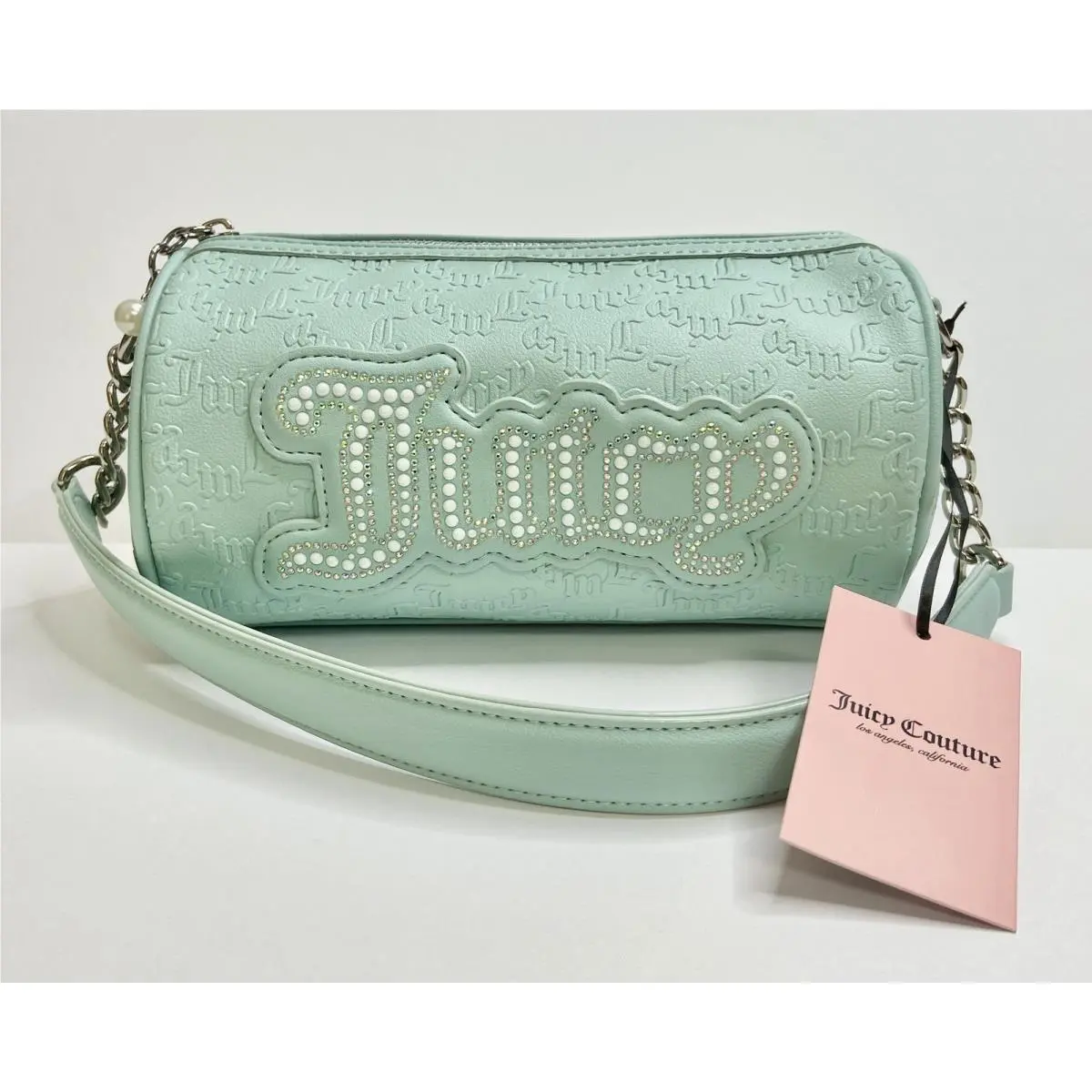 Juicy Couture Bling Roll Bag String of Pearls Barrel Purse Handbag Pastel Turq