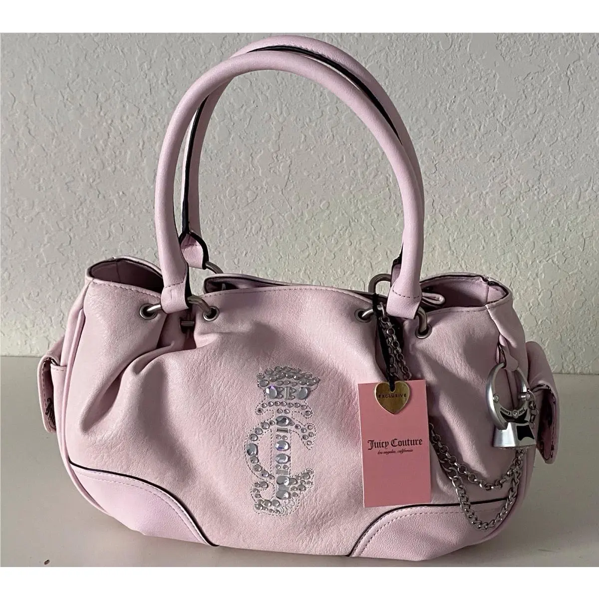 Juicy Couture Juicy Crown Satchel Purse Bag Chiffon Pink W/ Ring Charm