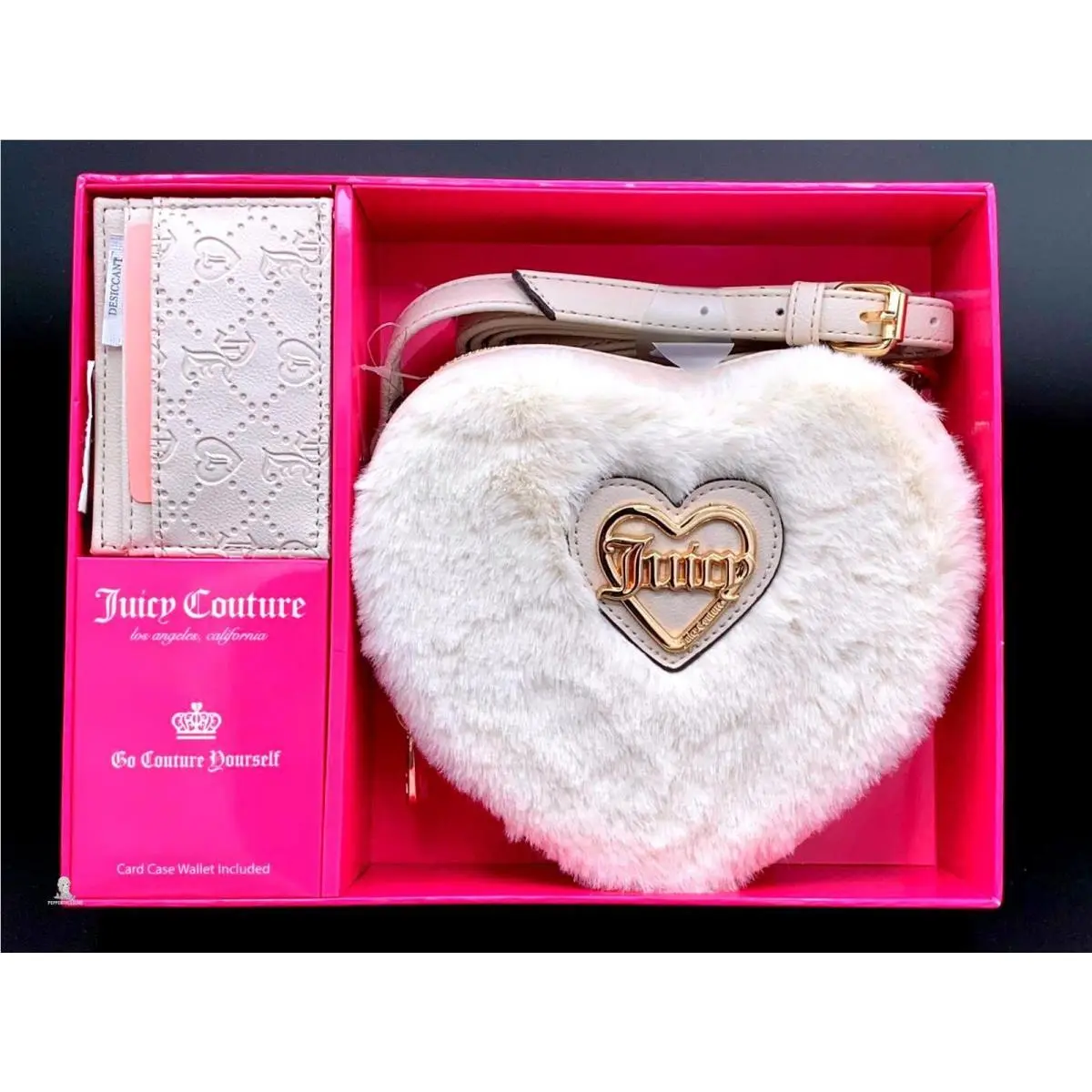 Juicy Couture Heart Fur Crossbody Card Case Gift Set – Valentine Pink
