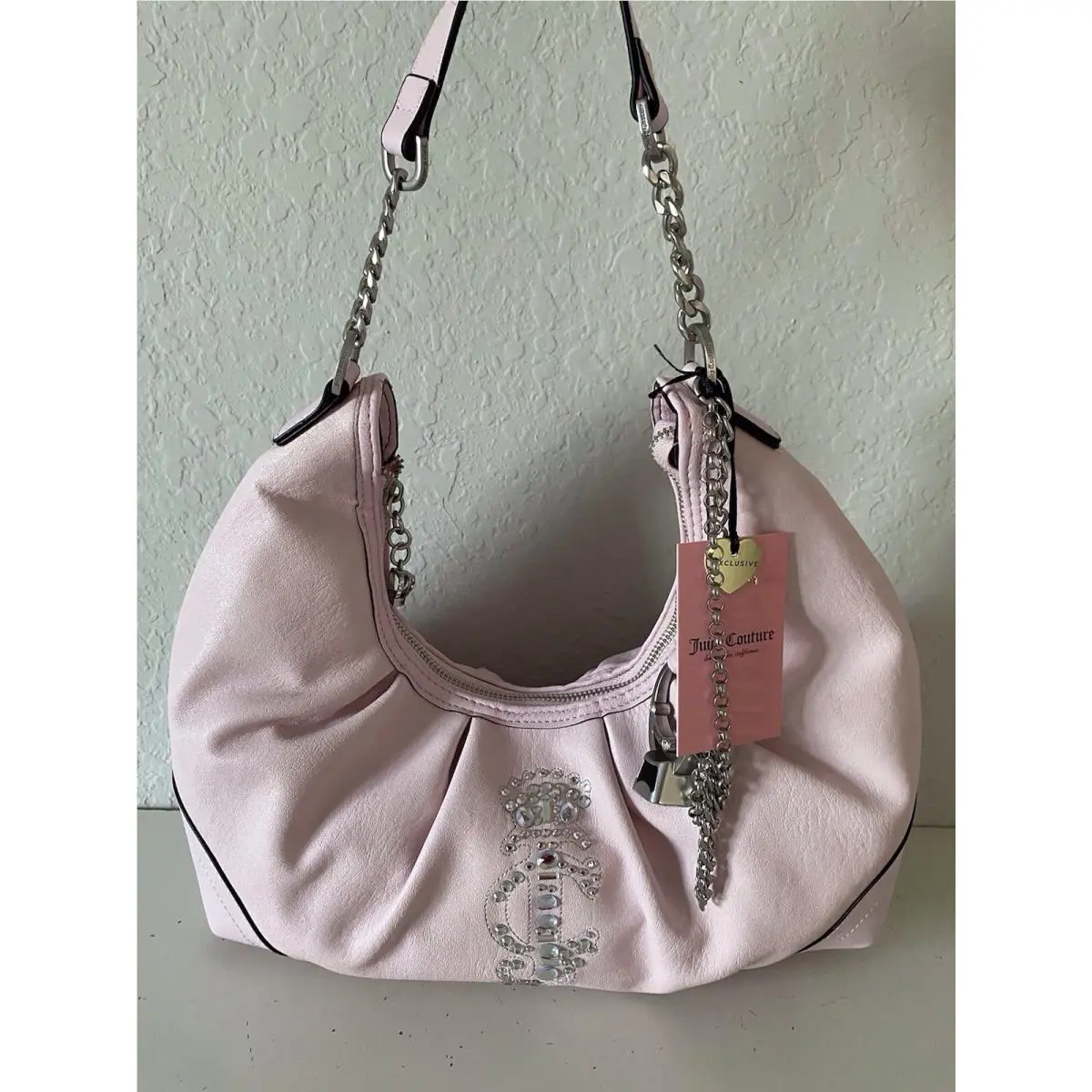 Juicy Couture Juicy Crown Hobo Purse Bag Chiffon Pink with Ring Charm Cha