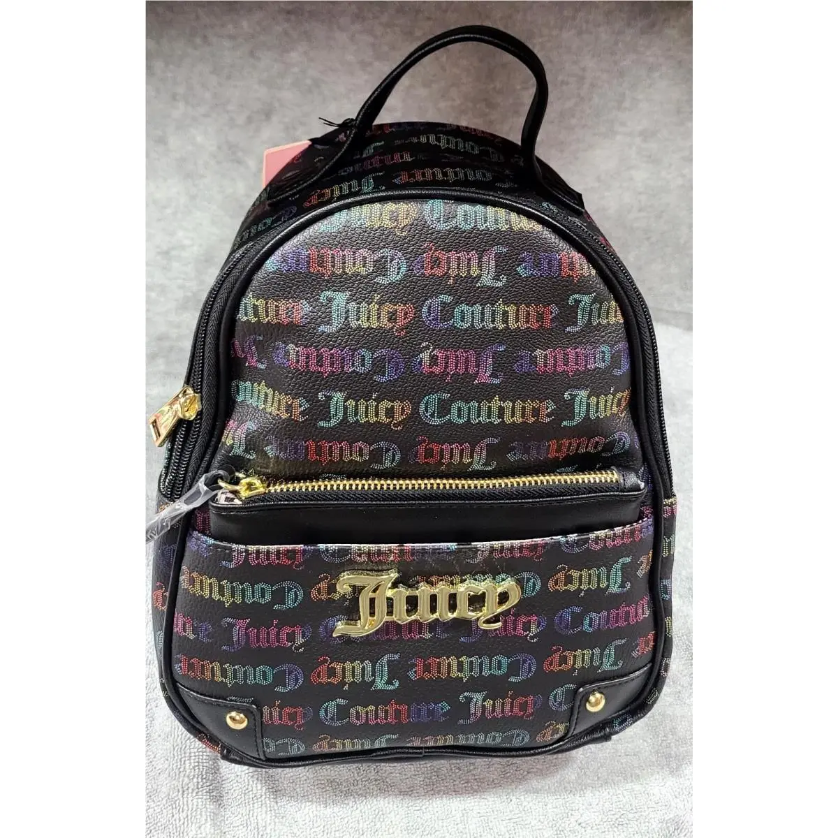 Juicy Couture Bestseller Pullout Pouch Backpack Bag Black Multi Rainbow Logo