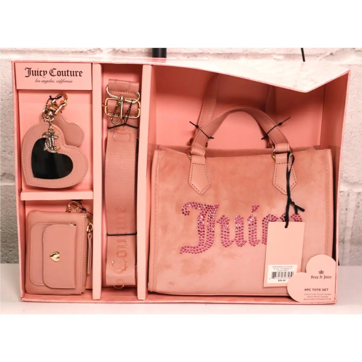 Juicy Couture 4 Pc Tote Set Charm Coin Purse Dangle Heart Mirror Dangle Strap