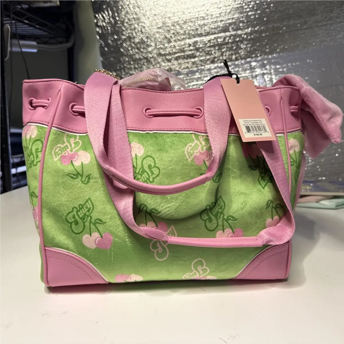 Juicy Couture Retro Juicy Cherry Green Pink Tote Handbag Bag