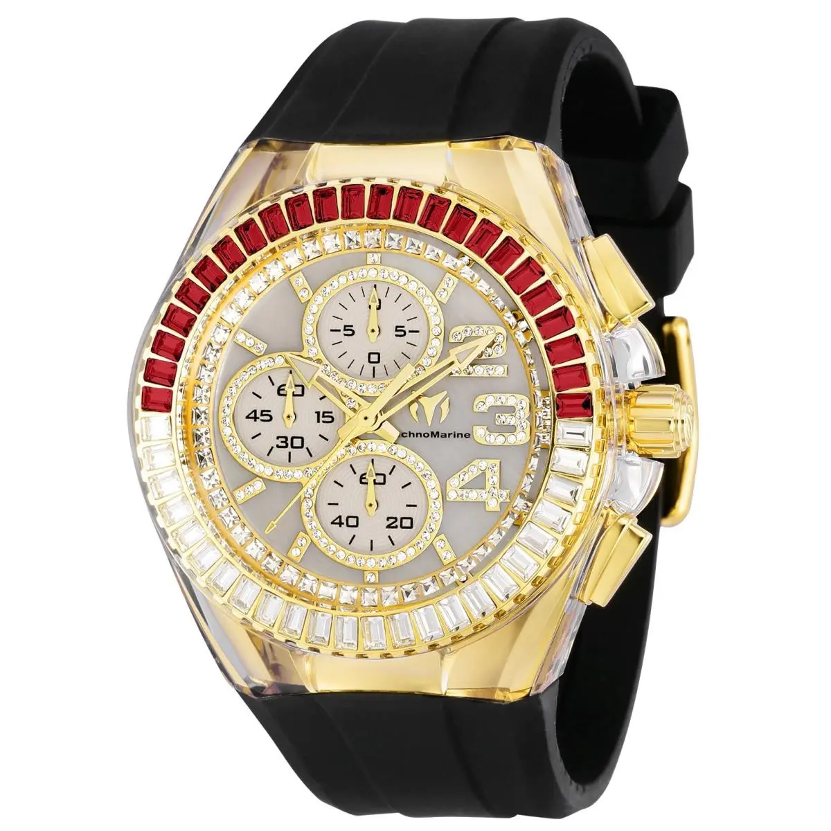 Technomarine Men`s TM-121031 Cruise Glitz 45m Gold Toned Dial with Stones - Dial: Gold, Band: Black, Bezel: Gold