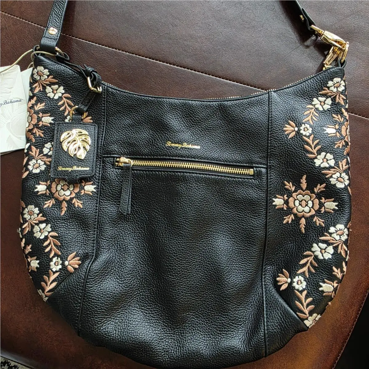 Tommy Bahama La Jolla Hobo Purse Bag TB1174 Black Leather Floral Embroidery