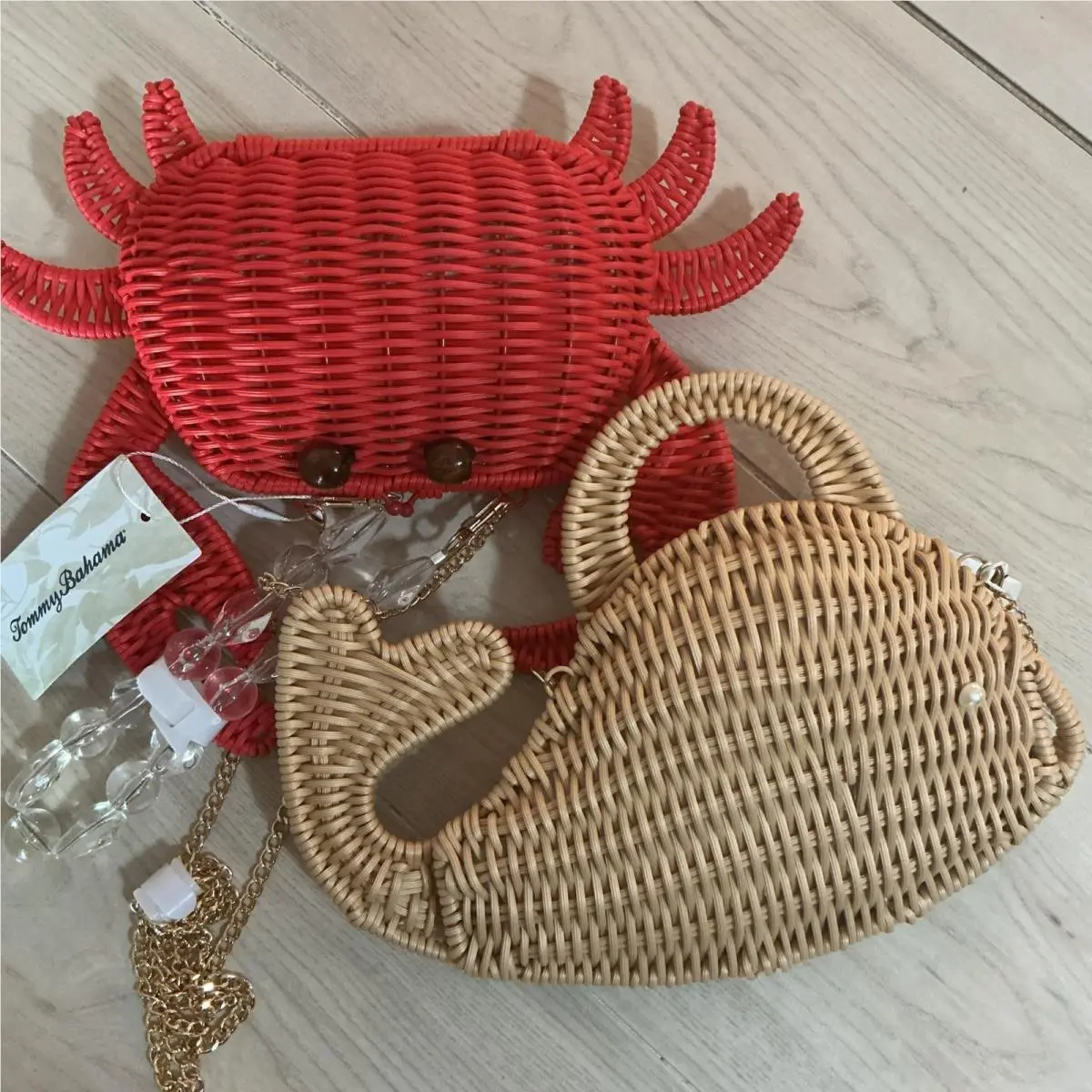 Tommy Bahama Crab Fish Wicker Crossbody Bag Lot 2 Red Rattan Chain Purse