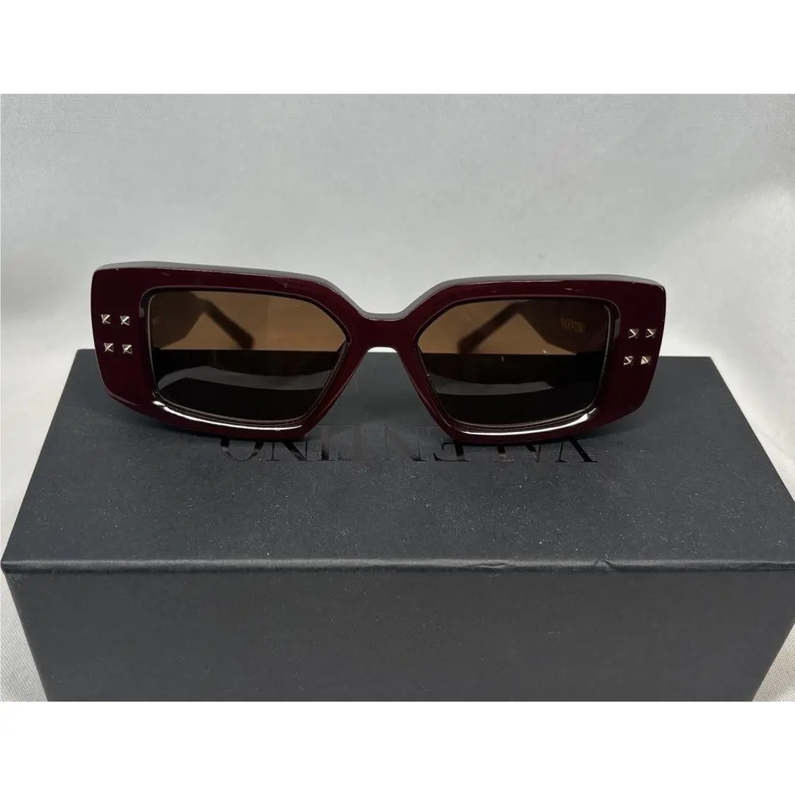 Valentino Garavani Cinque Studded Rectangle Sunglasses Burgundy Acetate