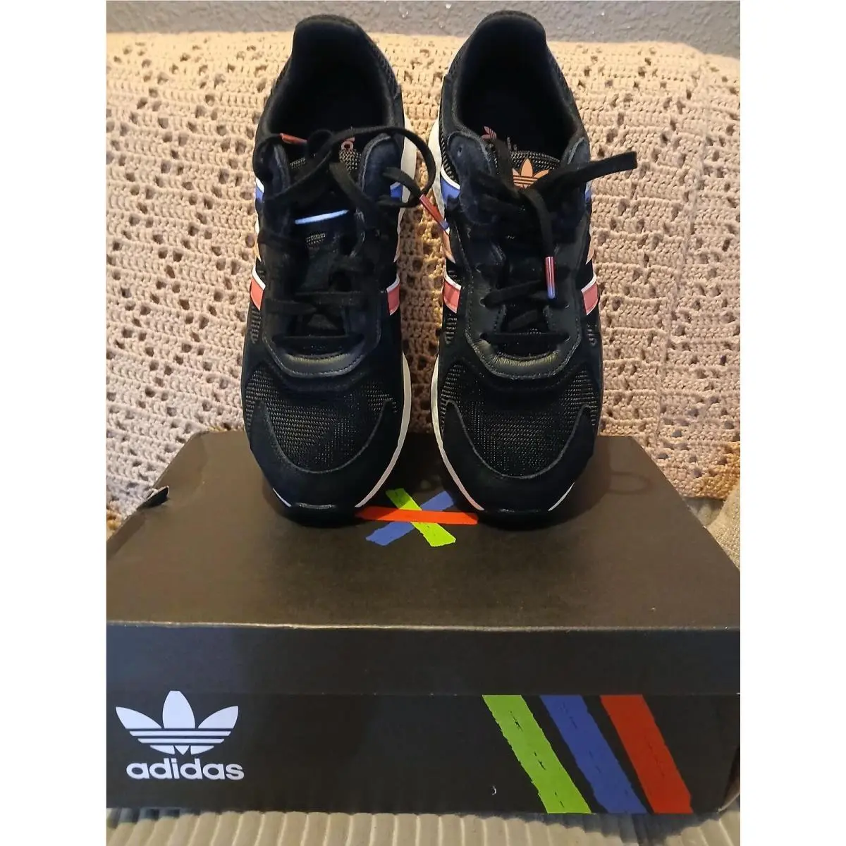 10.5 Mens Adidas Men`s Black Running Sneakers with Multicolor Stripes