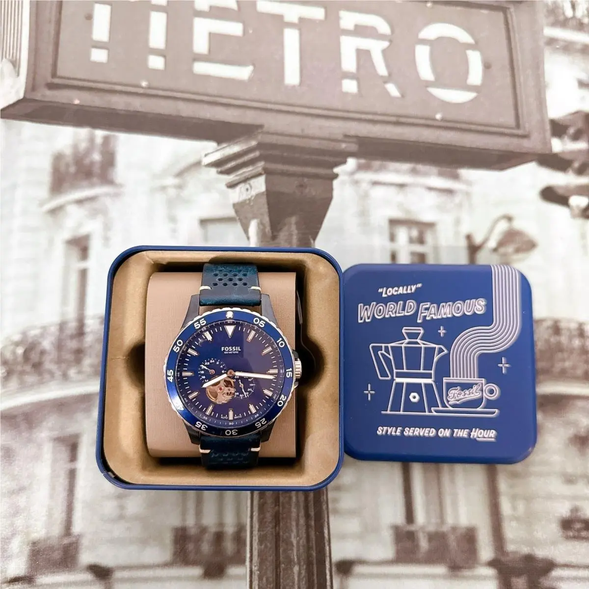 Fossil Crewmaster Sports Automatic Blue Leather Men`s Watch ME3149