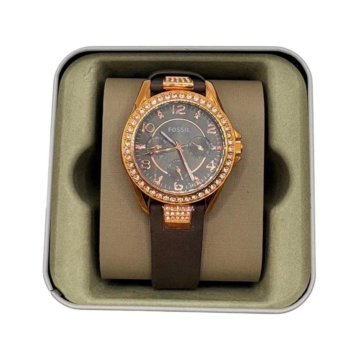 Riley Multifunction Watch Womens Brown Rose Gold Crystal Glitz ES3888 by Fossil