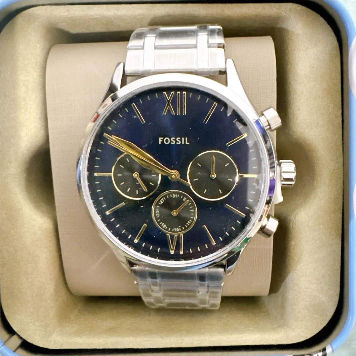 Fossil BQM7102 Fenmore Multifunction Men`s Watch Blue Gold Dial BQ7102