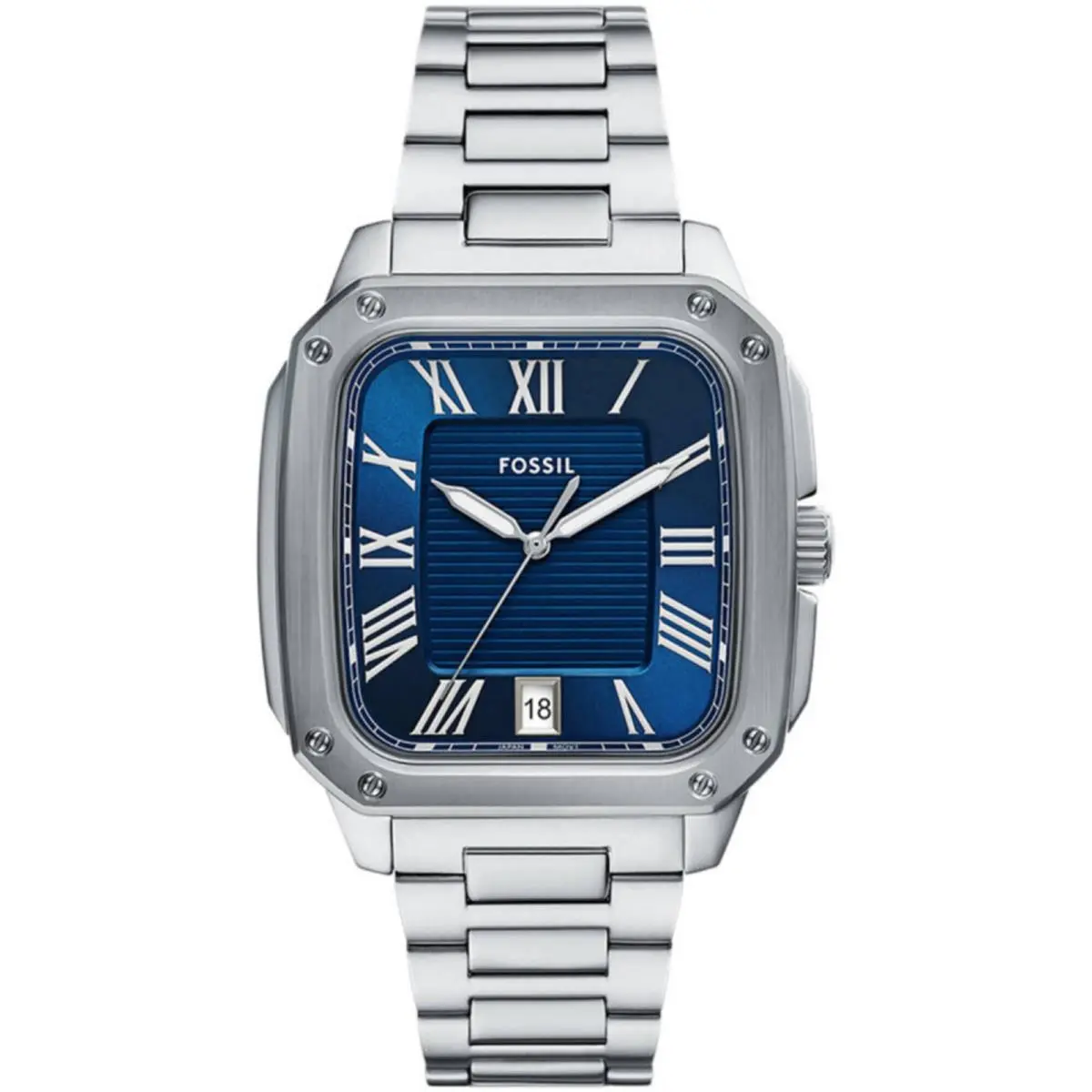 Fossil Men`s Watch Crosby Blue Dial Silver Stainless Steel Bracelet Date FS6121