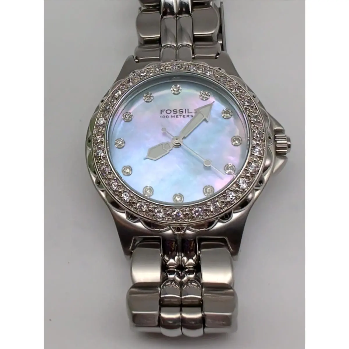 Fossil Blue Watch Womens Pearl Look Dial Gem Set Bezel 35mm Case SBT0331