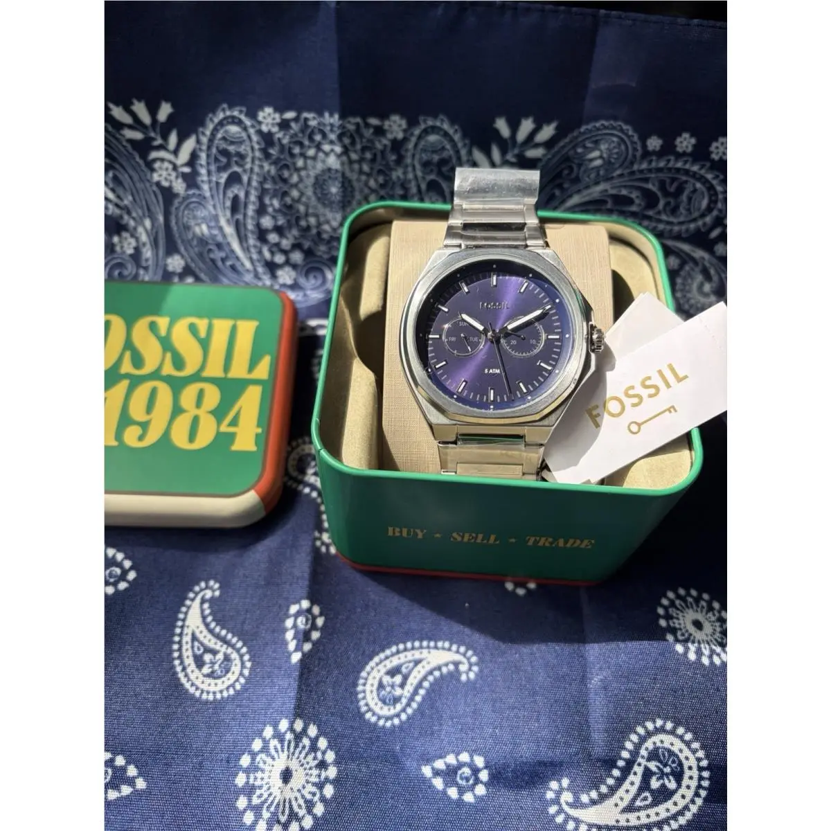 Fossil Men`s Quartz Wristwatch Purple Dial Silver Steel Bracelet Multi-dial Box