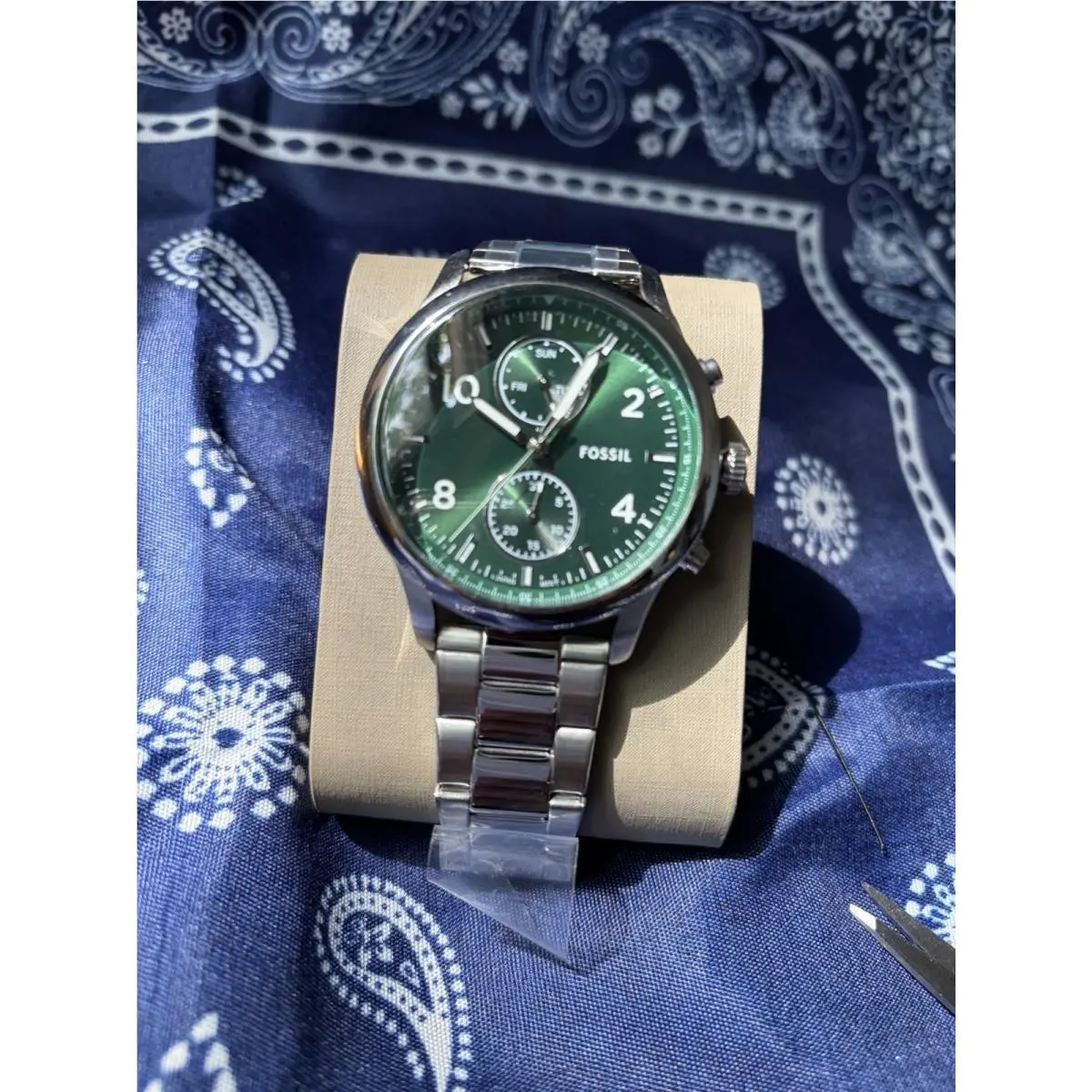 Fossil Townsman Men`s Quartz Wristwatch Green Dial 44mm Steel Bracelet Box