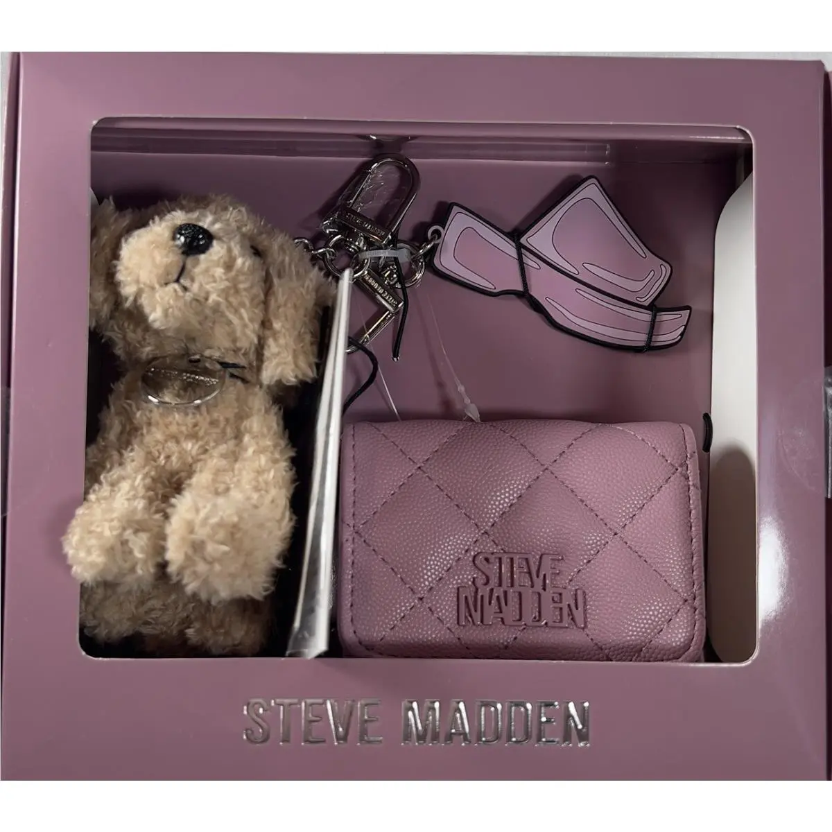 Steve Madden Bwren Card Case and Bag Charms Dog Gift Set Cosmetic Pink Quilted