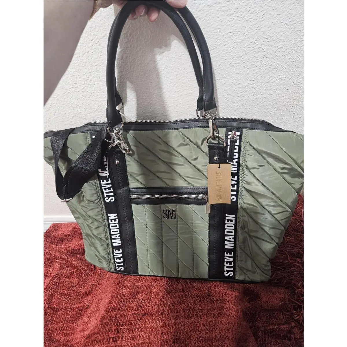 Steve Madden Women`s Olvie Green Quilted Overnight/gym Bag 2 Type Strap