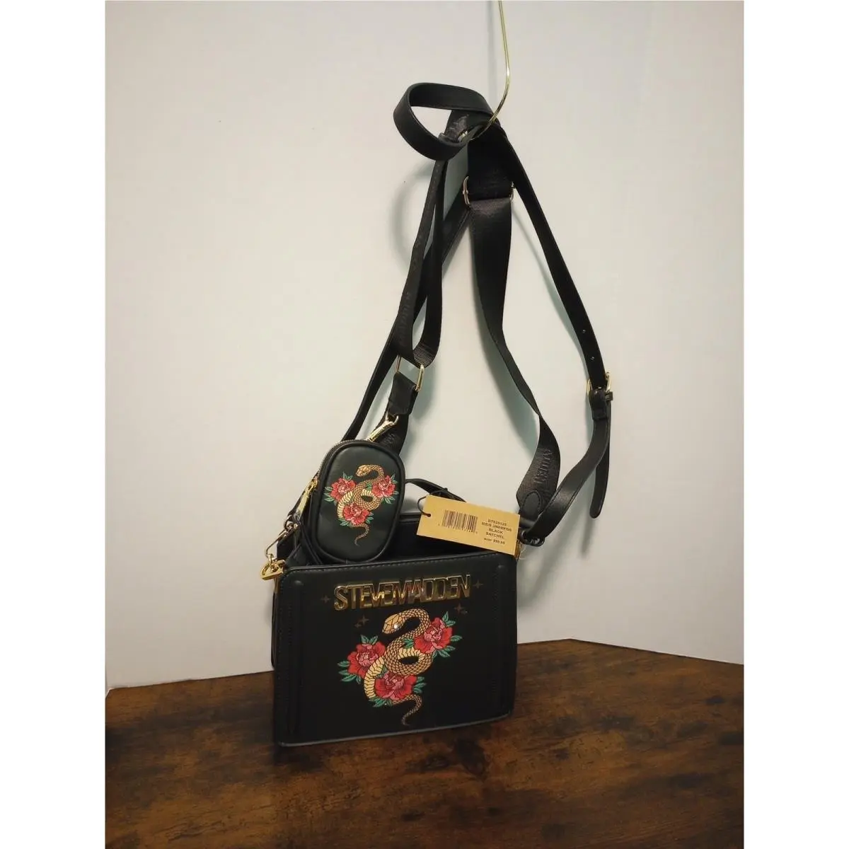 Steve Madden Black Crossbody Satchel w/ Coin Pouch Snake Flowers