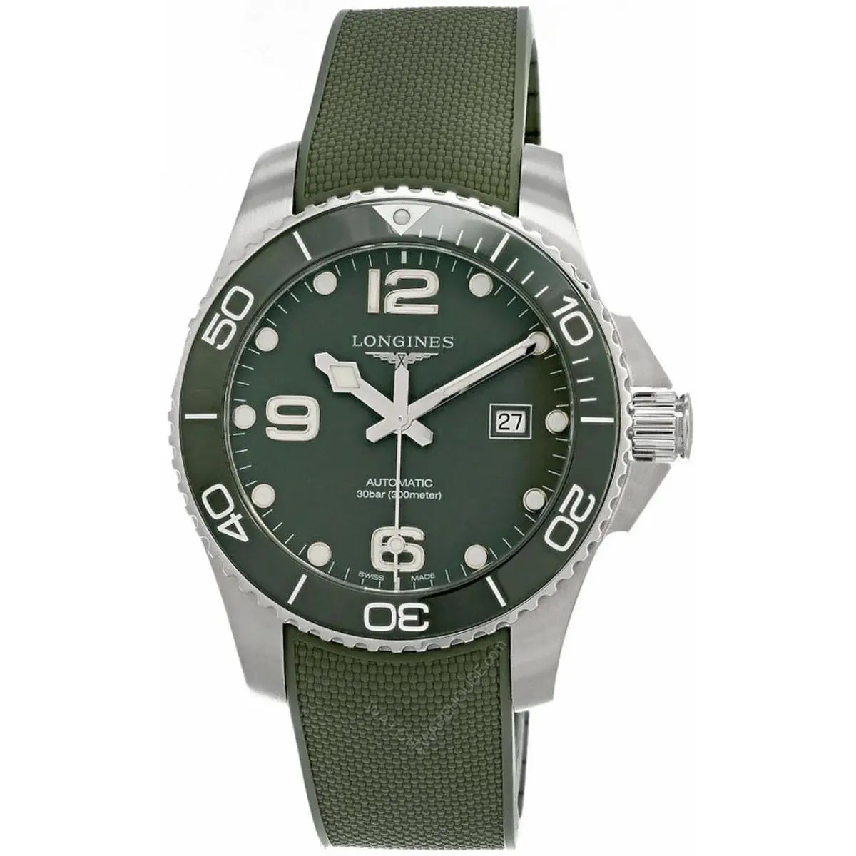 Longines Hydroconquest Auto 43mm Green Rubber Men`s Watch L3.782.4.06.9 - Dial: Green, Band: Green, Bezel: Green