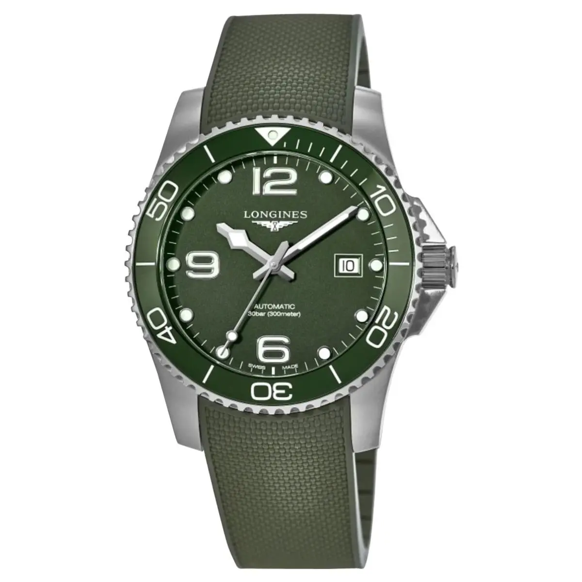Longines Hydroconquest Automatic Green Rubber Divers Mens Watch L3.782.4.06.9 - Dial: Green, Band: Green, Bezel: Green