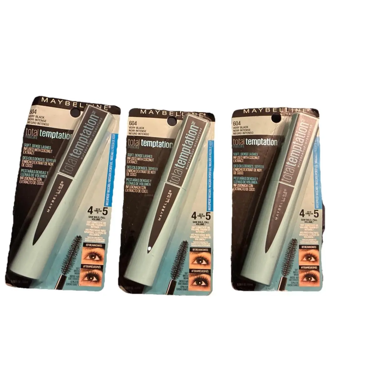 Total Temptation Waterproof Mascara 604 Very Black New x3 by Maybelline