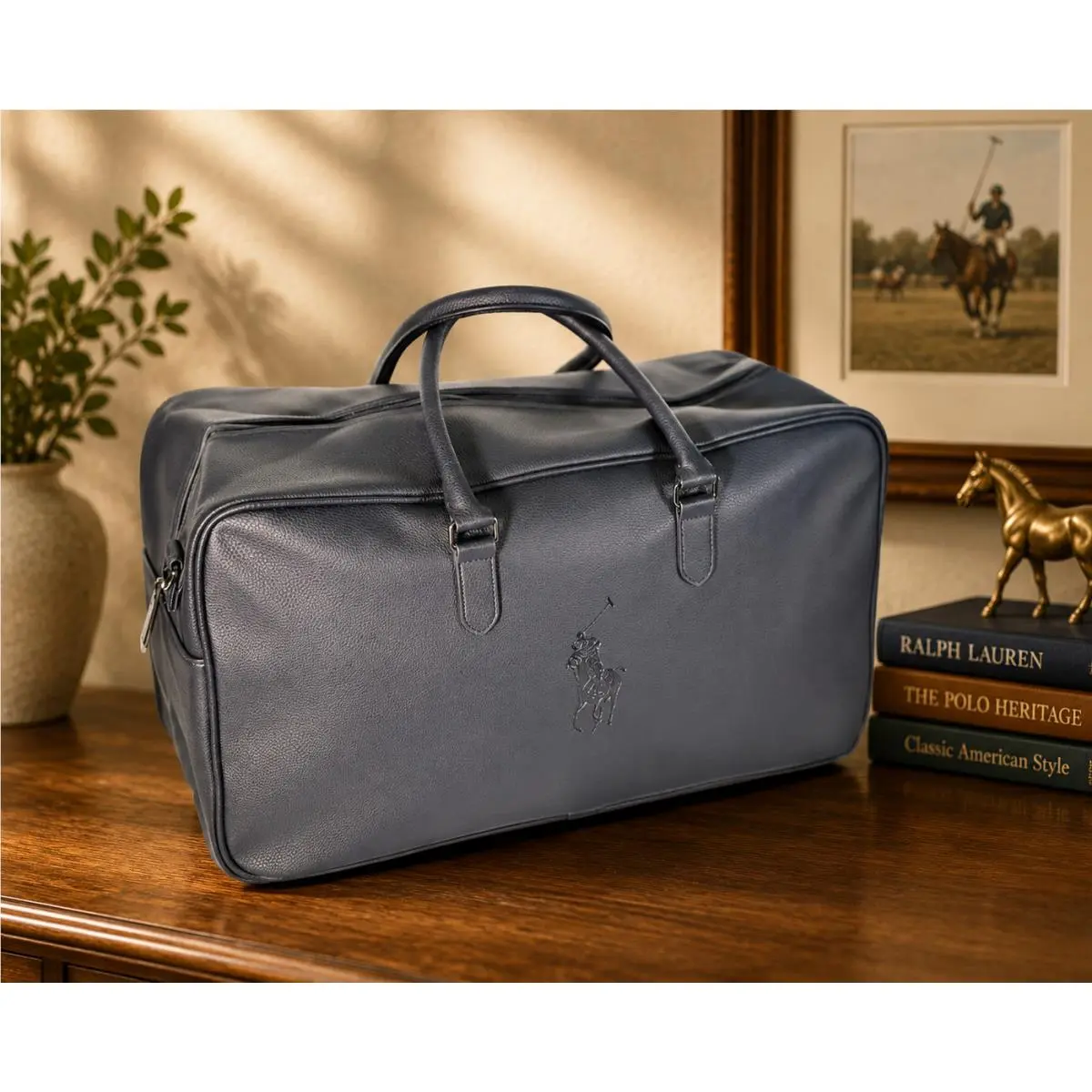 Polo Ralph Lauren Duffle Bag Navy Blue Weekender Cabin Overnight Leather