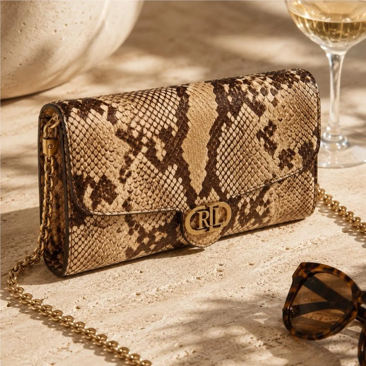 Lauren Ralph Lauren Adair Crossbody Wallet Snake Print Gold Chain Purse Luxury