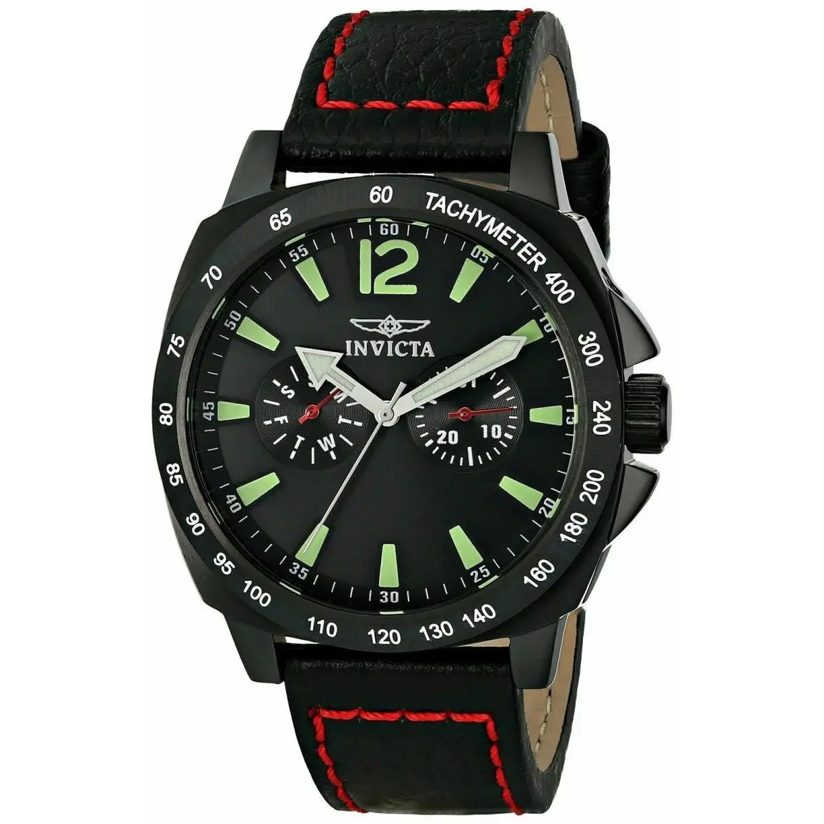 Invicta Men`s 0857 Stainless Steel Black Leather Watch Luminous Day Date