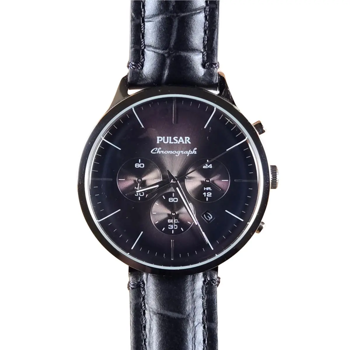 Seiko Pulsar Gent`s Stainless Steel Wristwatch Black Leather Strap PT3865X1