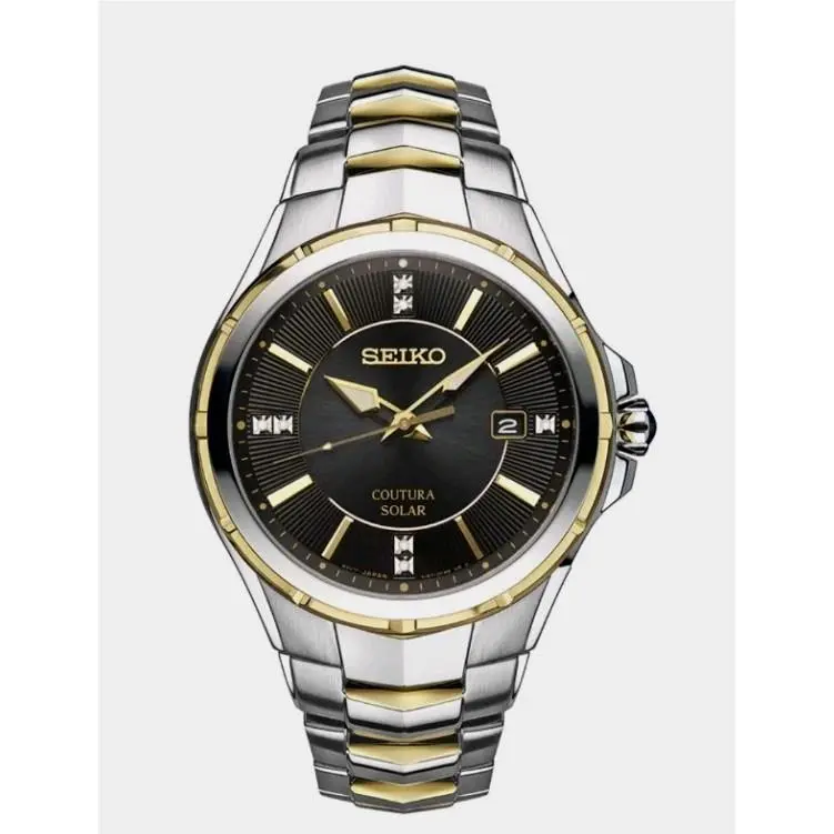 Seiko Coutura Men`s Watch SNE444 Black Dial Silver Gold Tone Bracelet