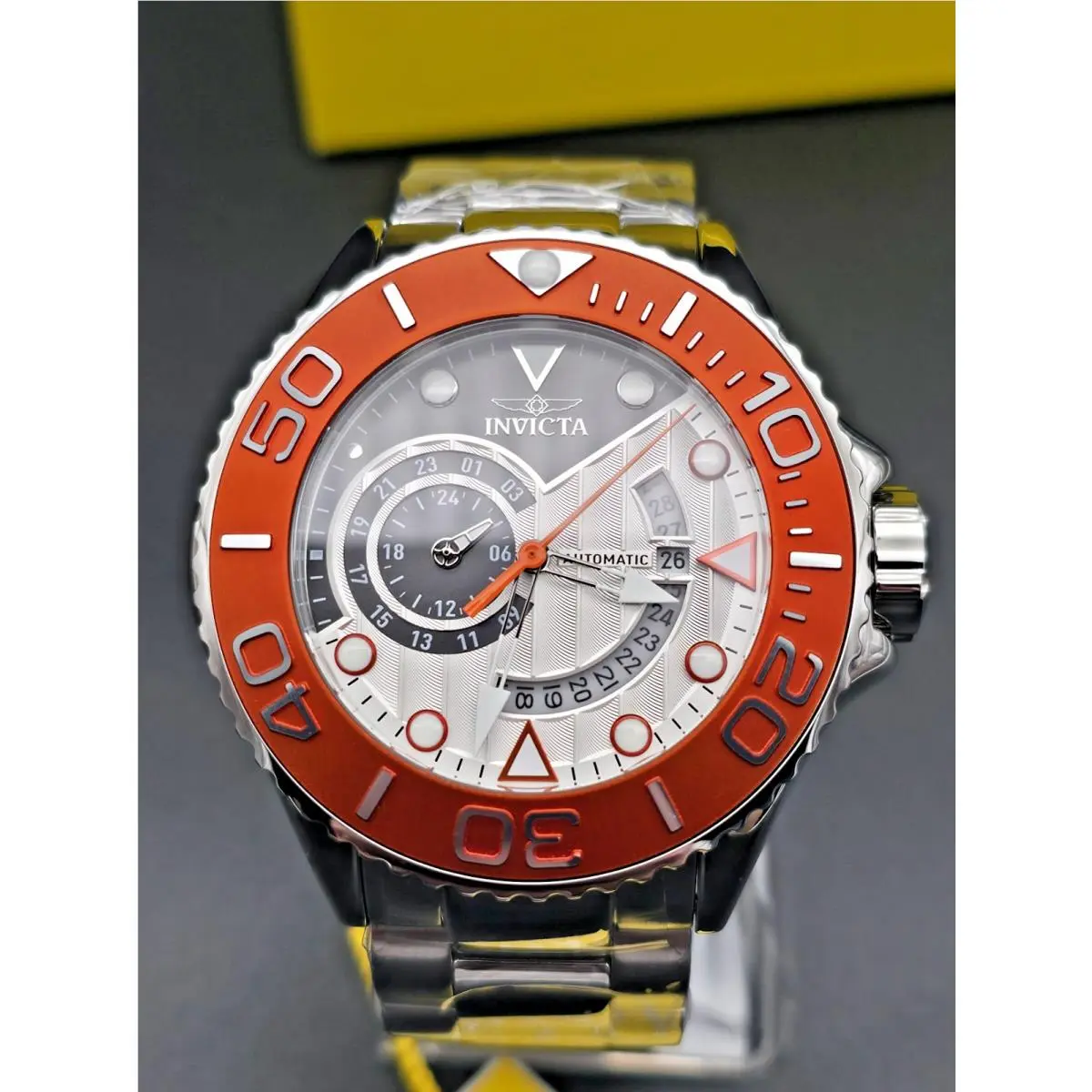 Invicta Automatic Grand Diver Silver Dial Orange Bezel Men`s Miyota Watch-48424
