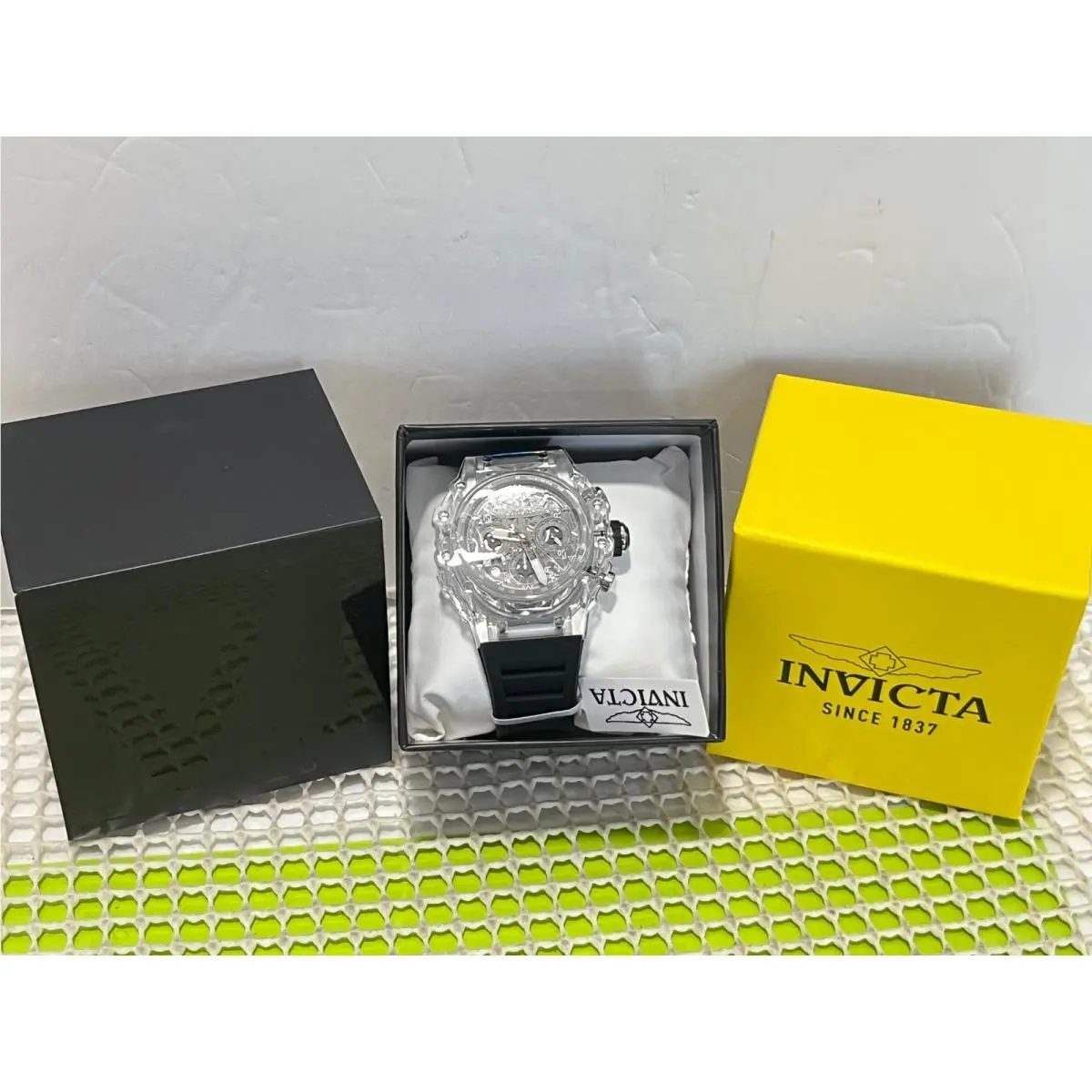 Invicta Sea Hunter Chronograph Watch 50mm Clear Case Black Silicone Strap