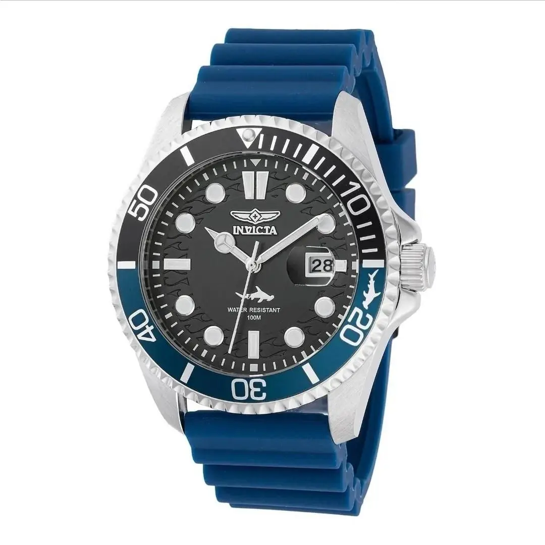 Invicta Pro Diver Shark Wristwatch Black Dial Silver Case Date 100m .. 44mm