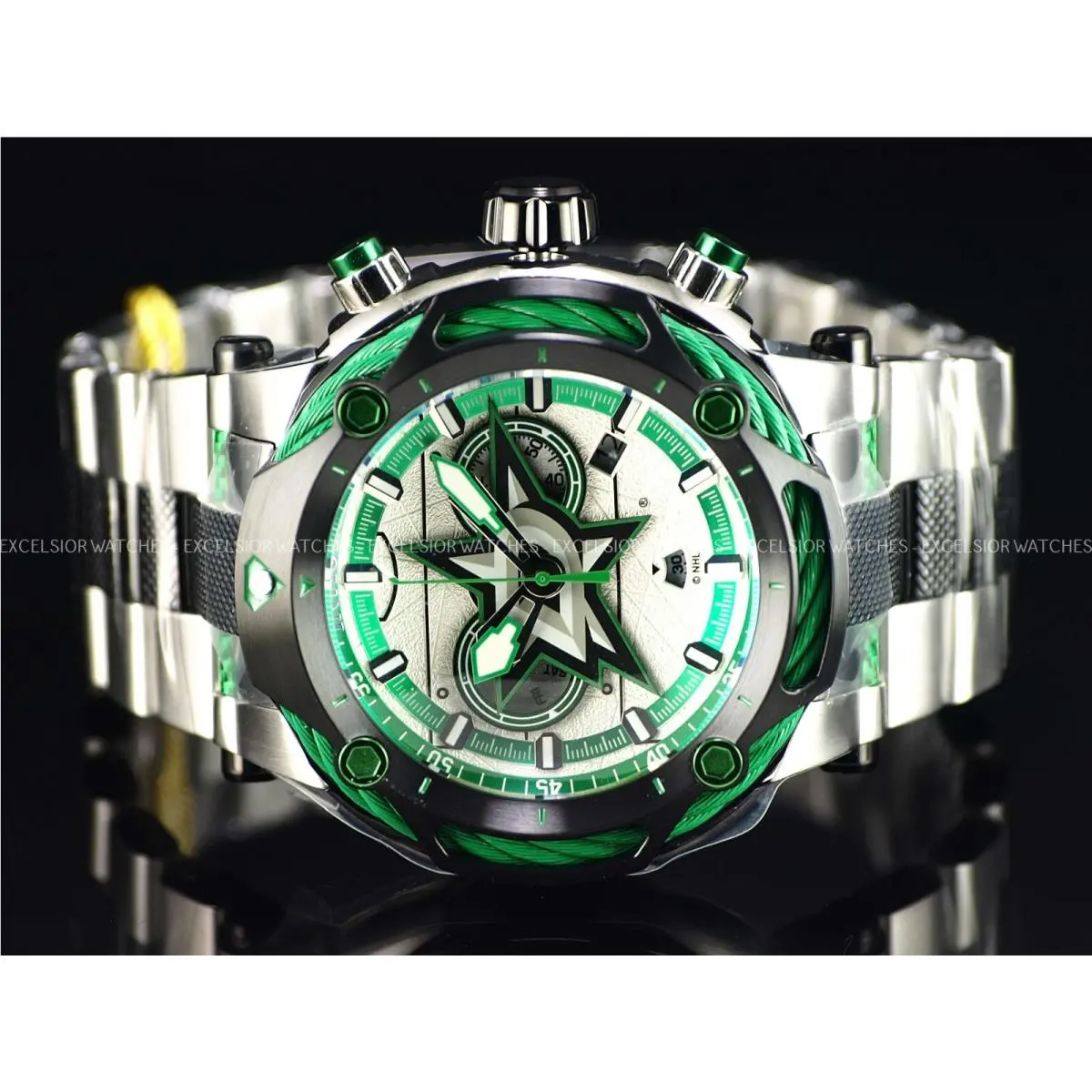 Invicta 60mm Mens Nhl Dallas Stars Bolt Swiss Quartz Chronograph TT SS Watch