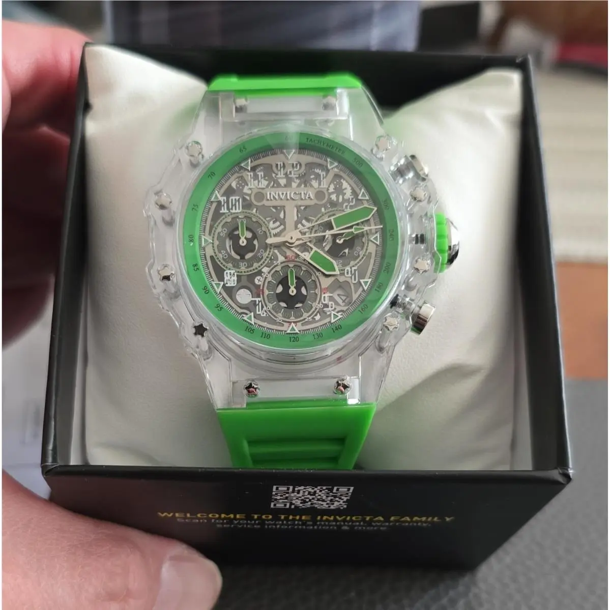 Invicta Men’s Quartz Chronograph Clear Plastic Case Green Strap 50m Box